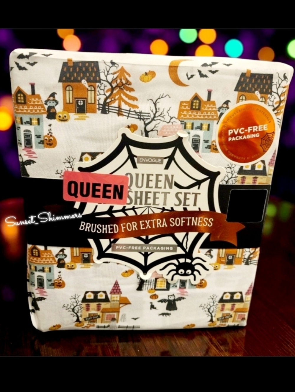 Haunted House Village Queen Bed Sheets Witch Black Cat Ghost Pumpkin Halloween